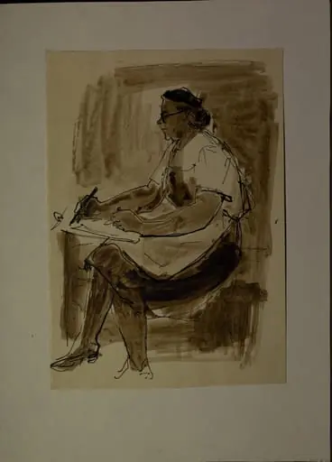Portret în acuarelă al Mariei Borșanu, așezată, din profil, spre stânga. Desenând. Maria Borșanu a fost membră a Uniunii Artiștilor Plastici. Lucia Cosmescu (1916-1969) a fost pictoriță și graficiană româncă, Născută în Galați, a făcut studii de pictură la Academia de Arte Frumoase din București.