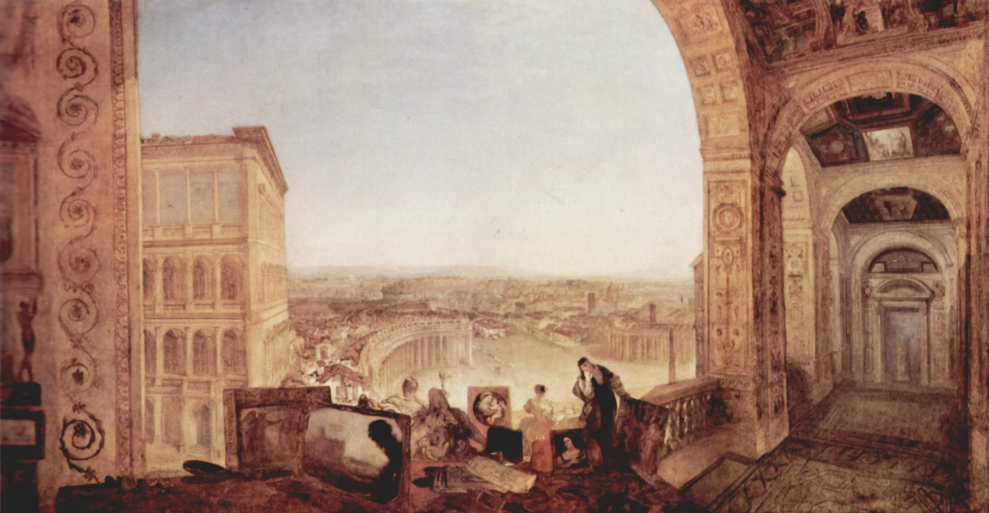Rome, from the Vatican. Raffaelle, Accompanied by La Fornarina, Preparing his Pictures for the Decoration of the Loggia, by Joseph Mallord William Turner, oil, 1820