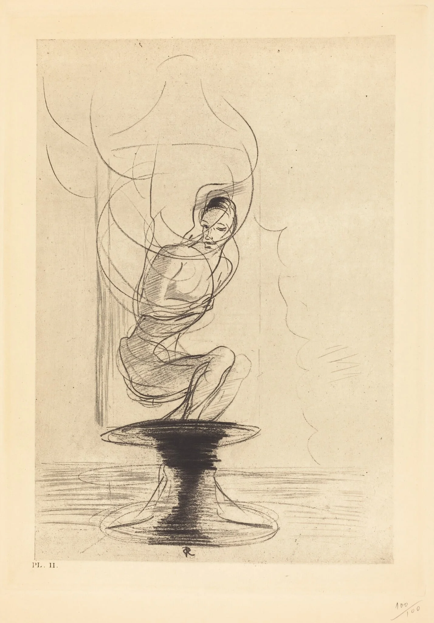 Parfois on trouve un vieux flacon qui se souvient, d'ou jaillit toute vive une ame qui revient (Sometimes one finds an old reminiscing flask, whence issues in full life a returning soul), by Odilon Redon, ink, 1890