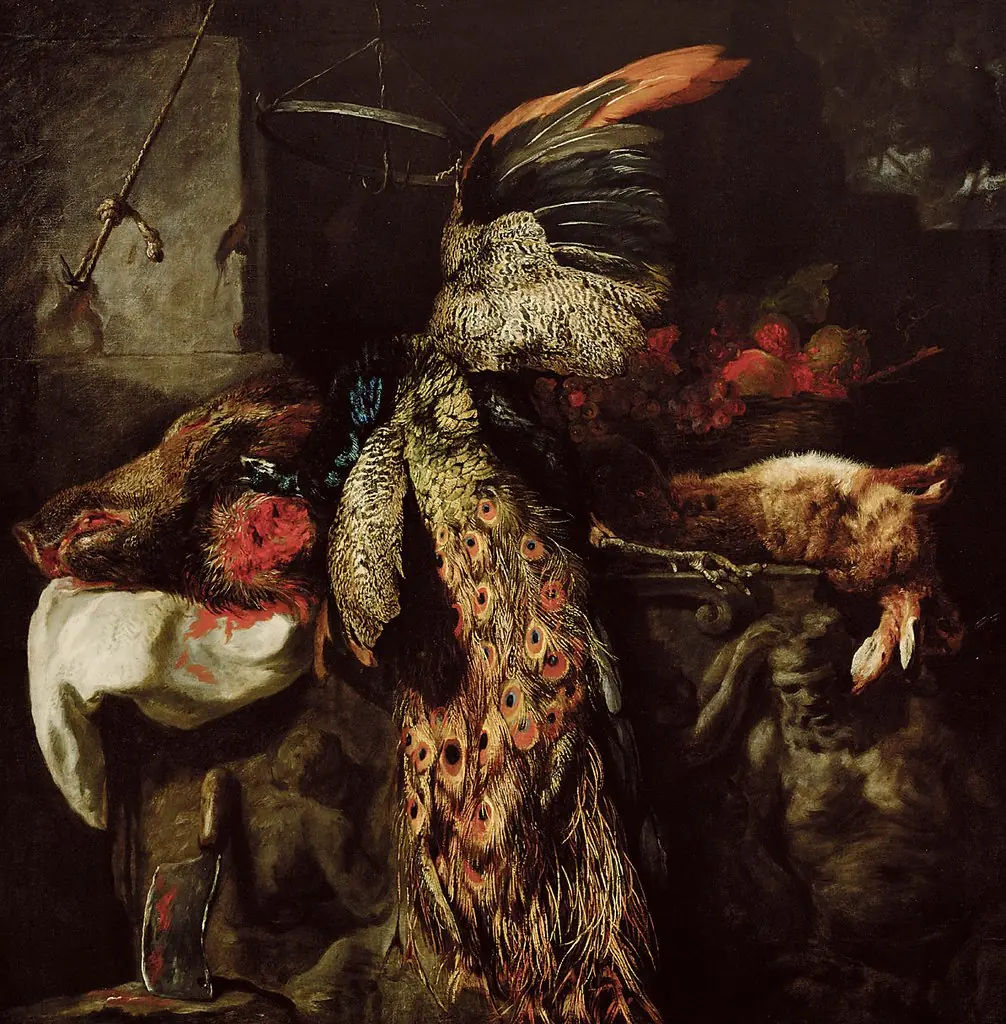 Dead game with dead peacock and a hog's head