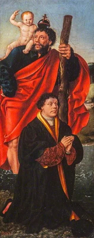 Saint Christopher and a Donor, by Unknown, oil, 1600
