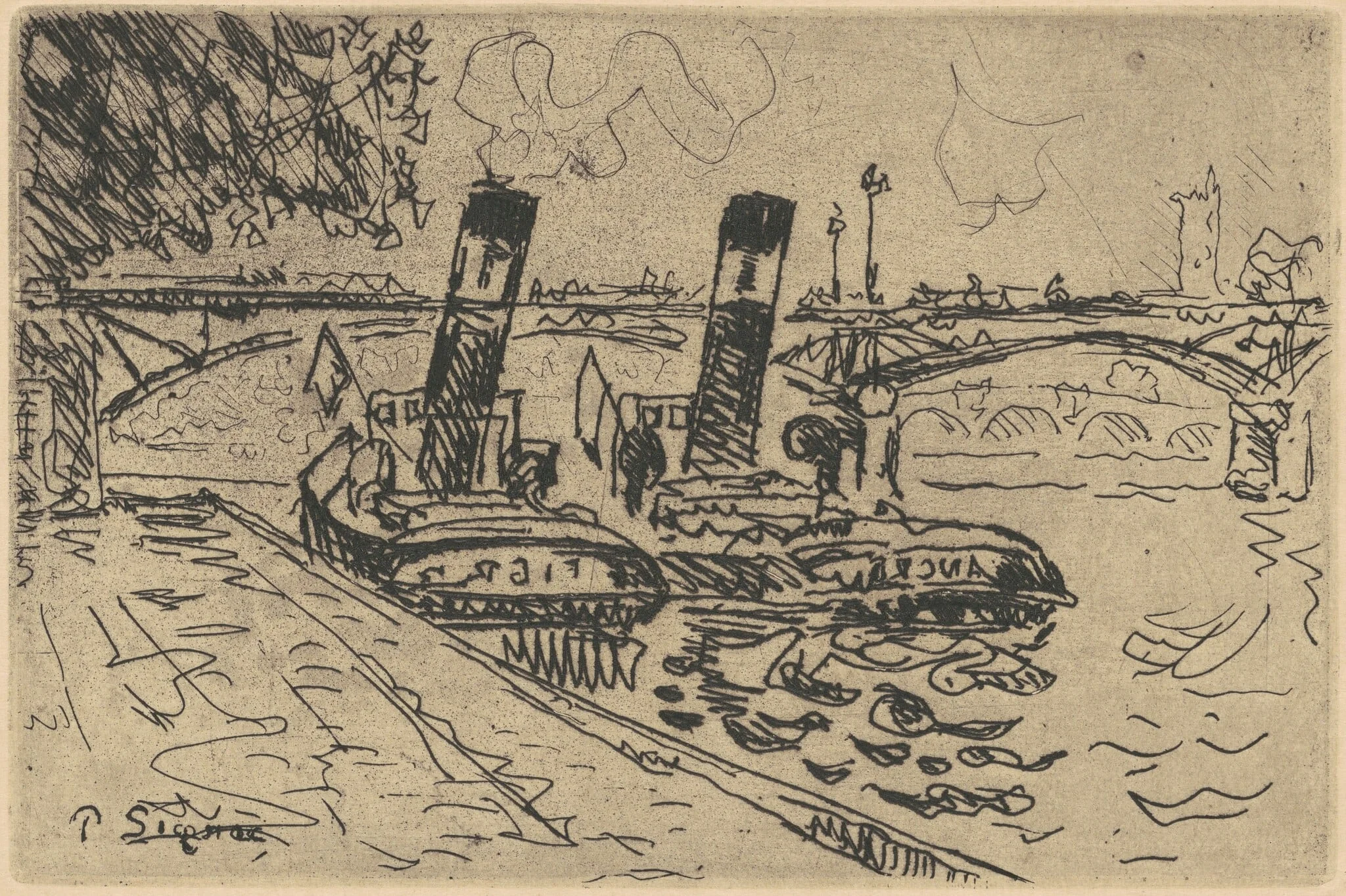 Bateaux sur la Seine, by Paul Signac, ink, 1905