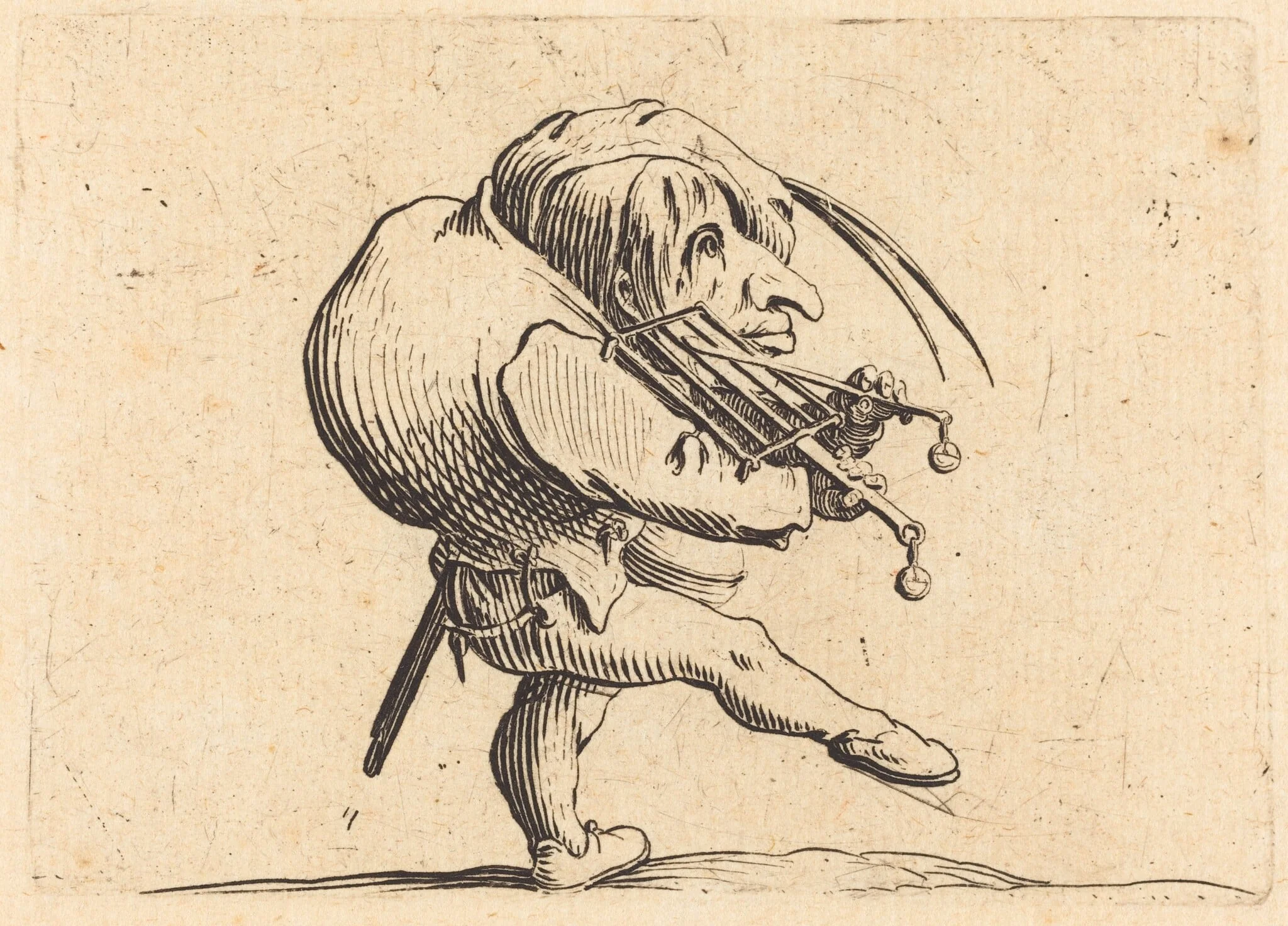 Man Scraping a Grill, by Jacques Callot, ink, 1622
