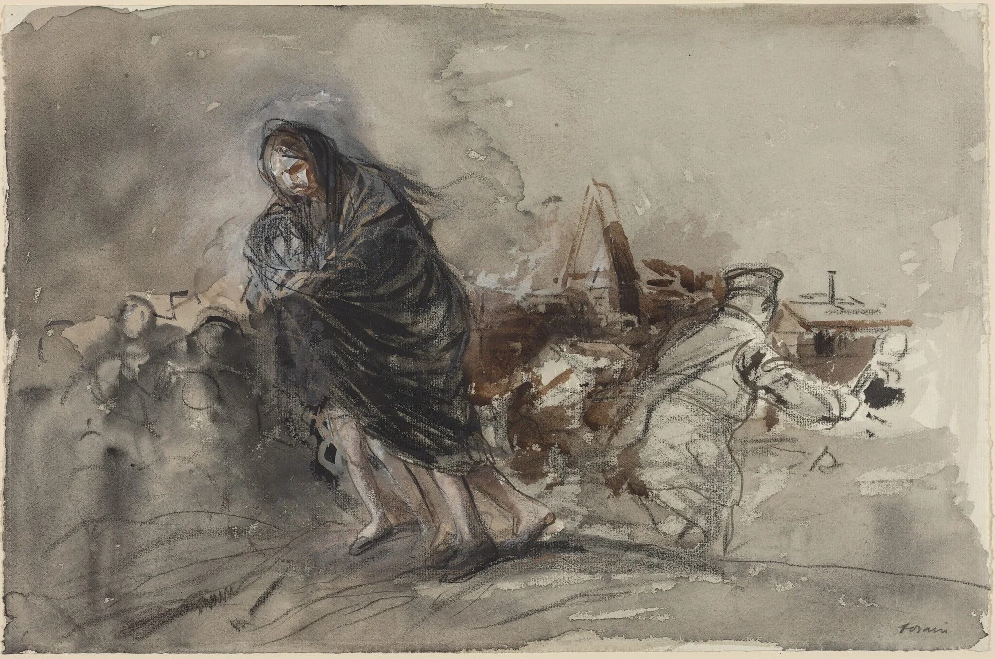 a) Après Douai (After Douai) (recto); b) Figure (verso), by Jean-Louis Forain, ink, 1918