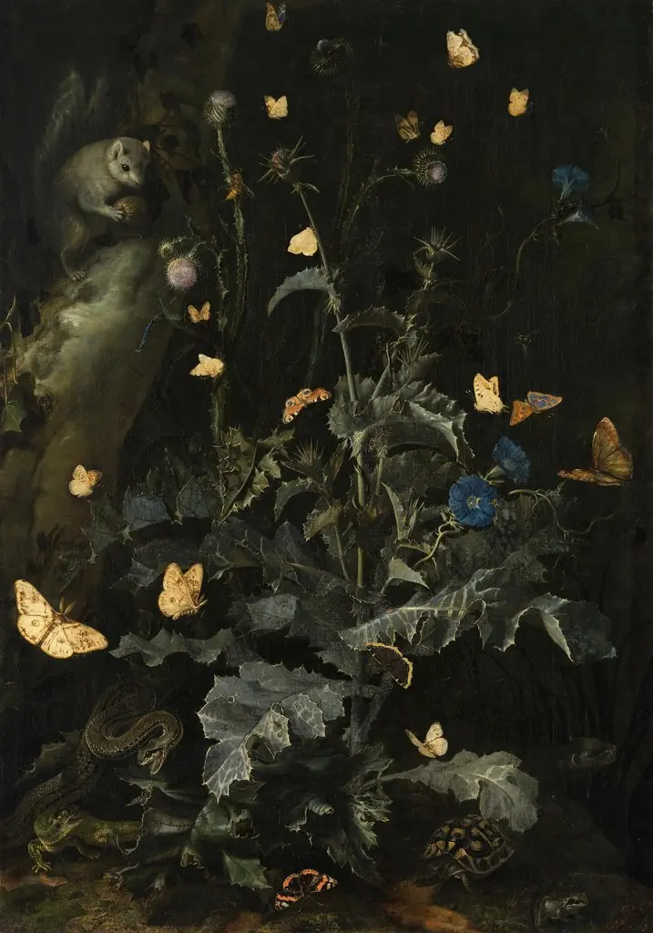 Forest floor still life with thistle and rodent