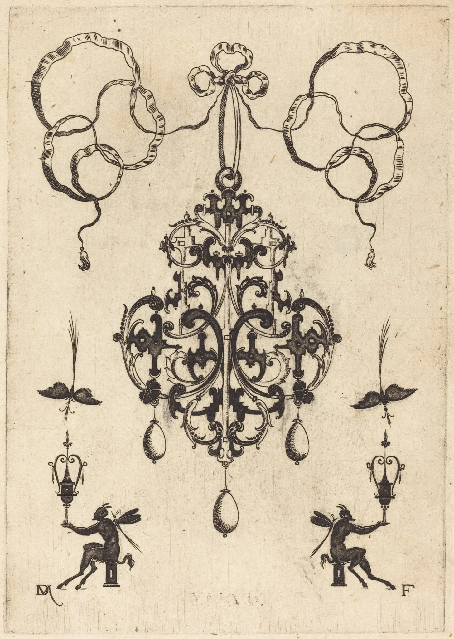 Large Pendant, Lower Left and Right Two Winged "Devils" Sitting on Pedestals, by Daniel Mignot, ink, 1596