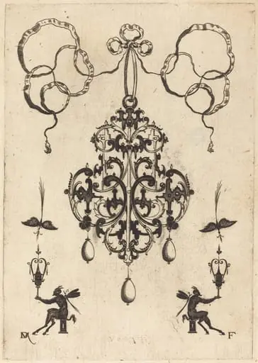 Large Pendant, Lower Left and Right Two Winged "Devils" Sitting on Pedestals