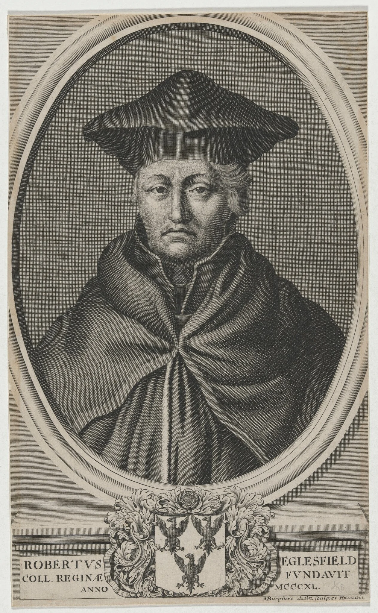 Robert Eglesfield, Founder of Queen's College, Oxford, by Michael Burghers, ink, 1682