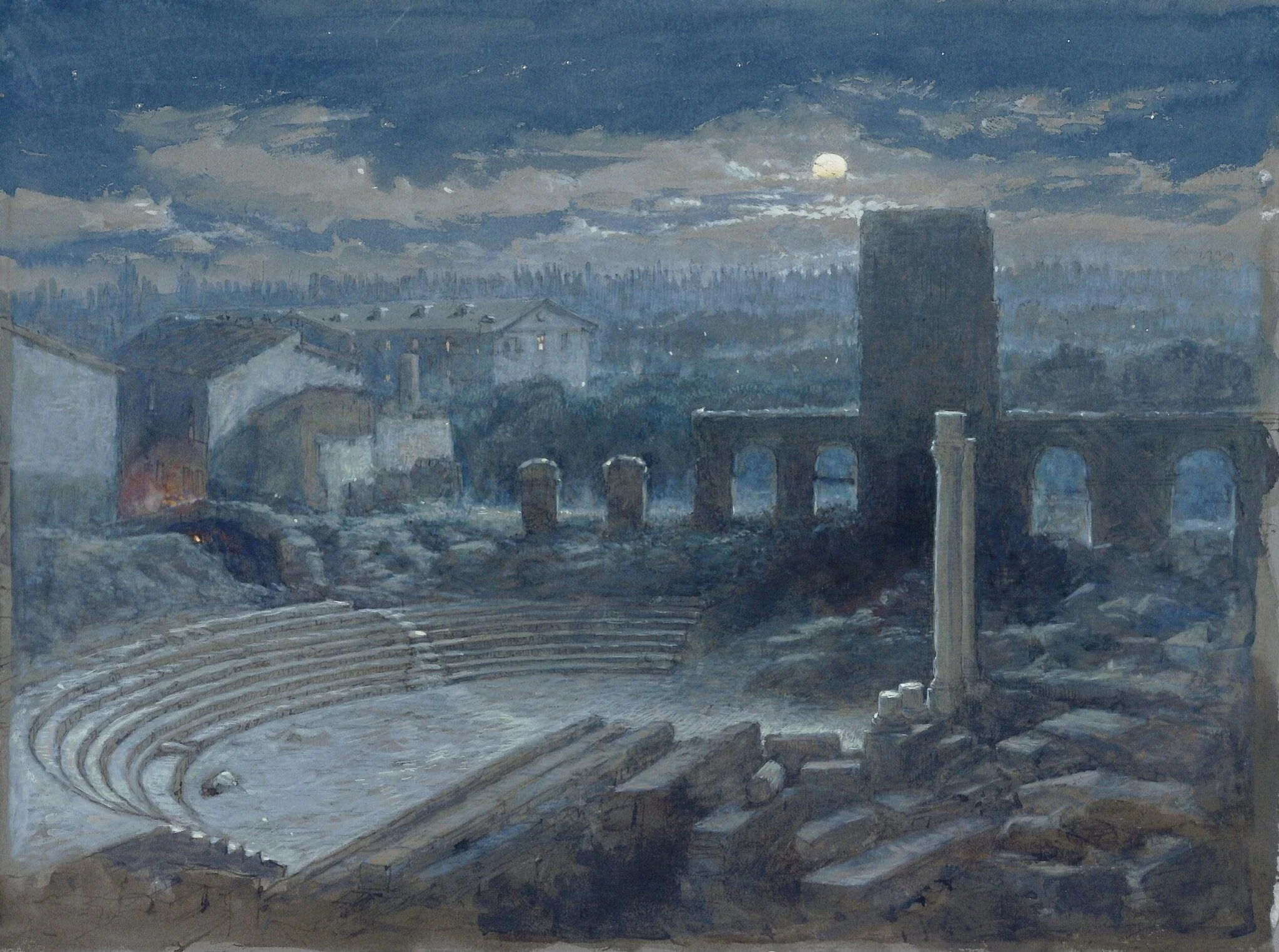 The Roman Theatre, Arles: moonlight, by George Henry Andrews, watercolor, 1840