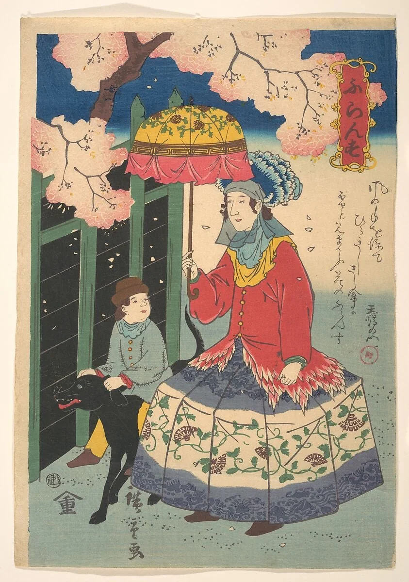 Furansu|ふらんす|French Woman, Her Child and Pet Dog, by Utagawa Hiroshige II, ink, 10