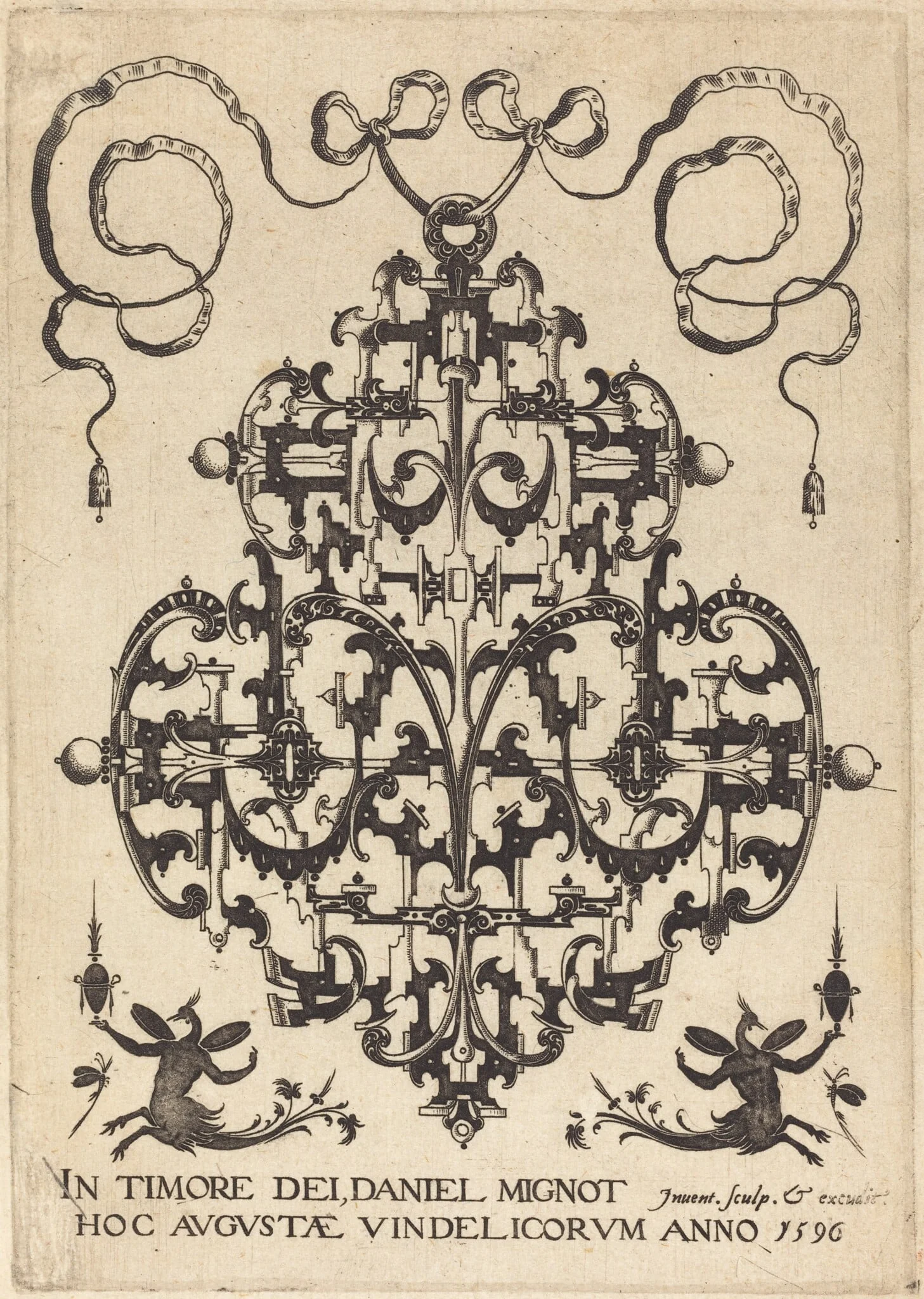 Title Page: Large Pendant, Two Winged Imaginary Figures at Bottom, by Daniel Mignot, ink, 1596