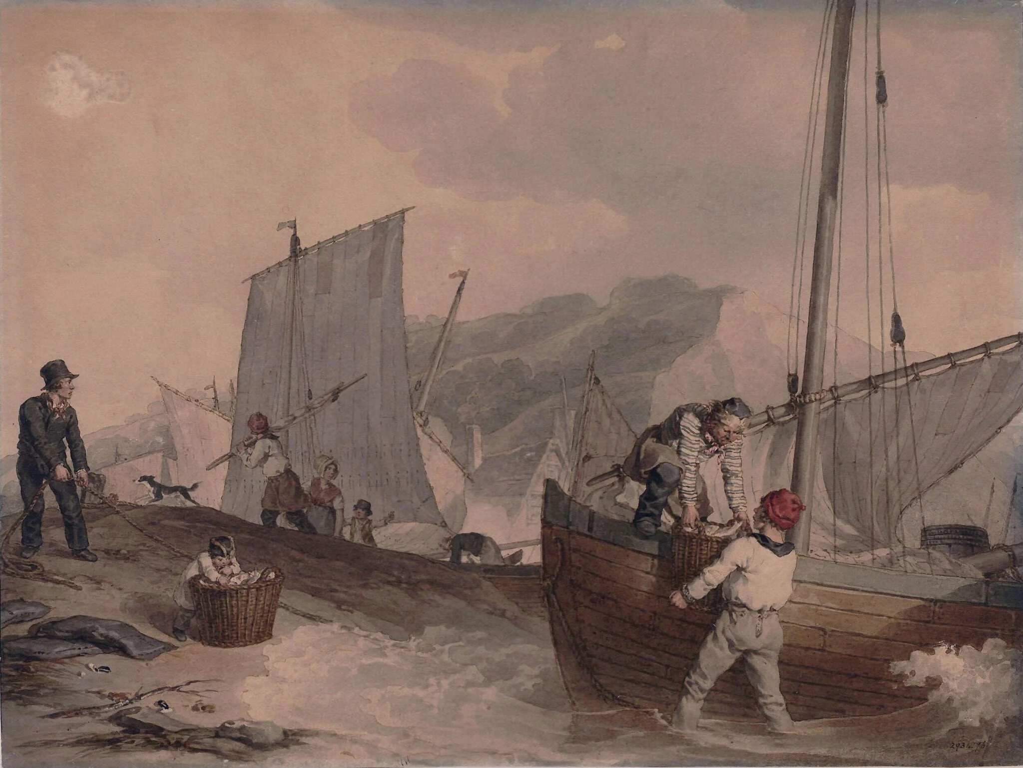 Fishing Boats Unloading, by John Augustus Atkinson, watercolor, 1800