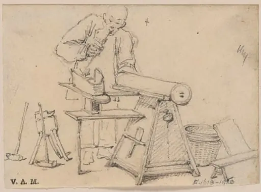 A blacksmith lighting a pipe from his furnace