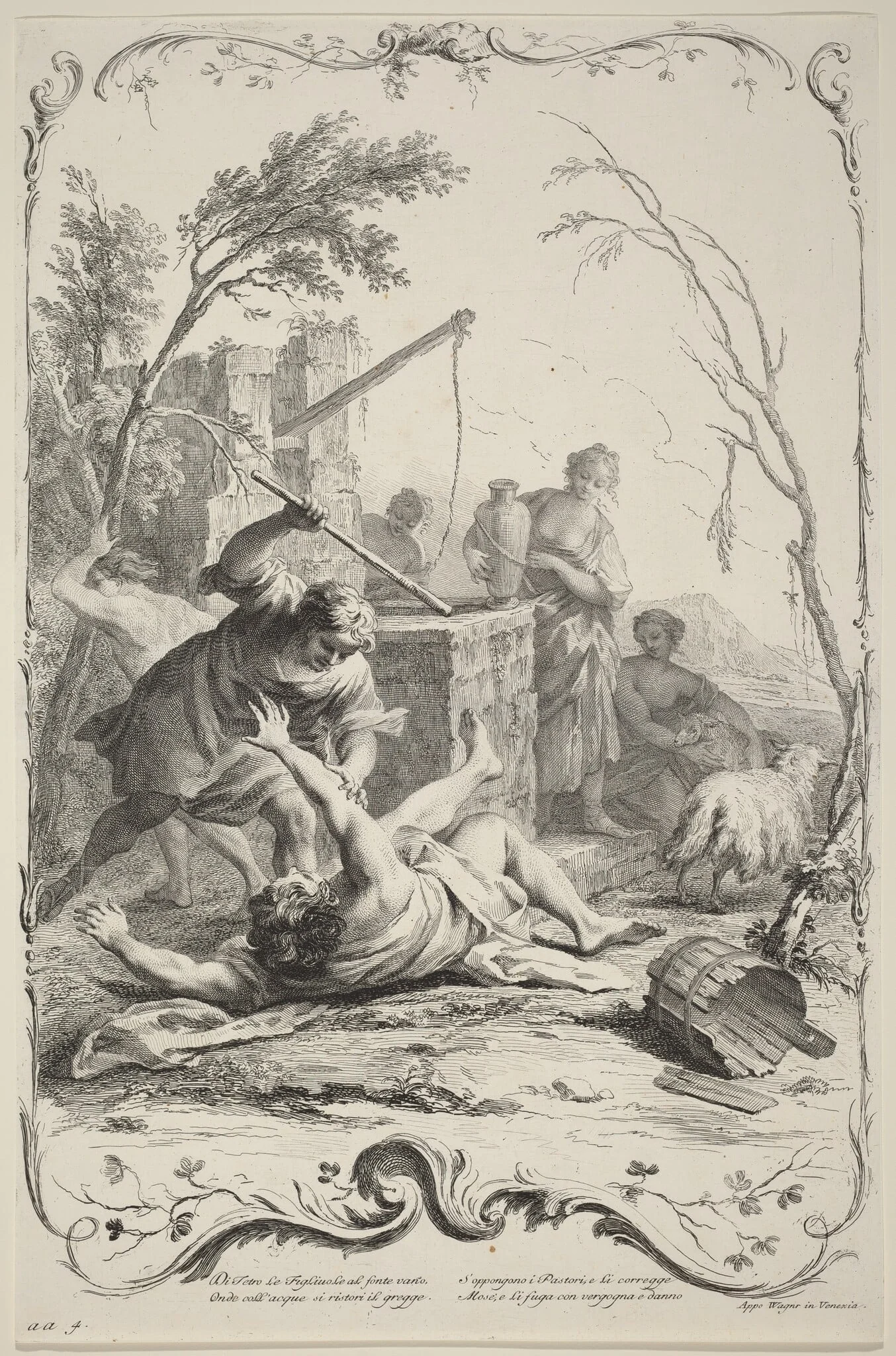 Moses Striking a Shepherd, by Joseph Wagner, ink, 1745