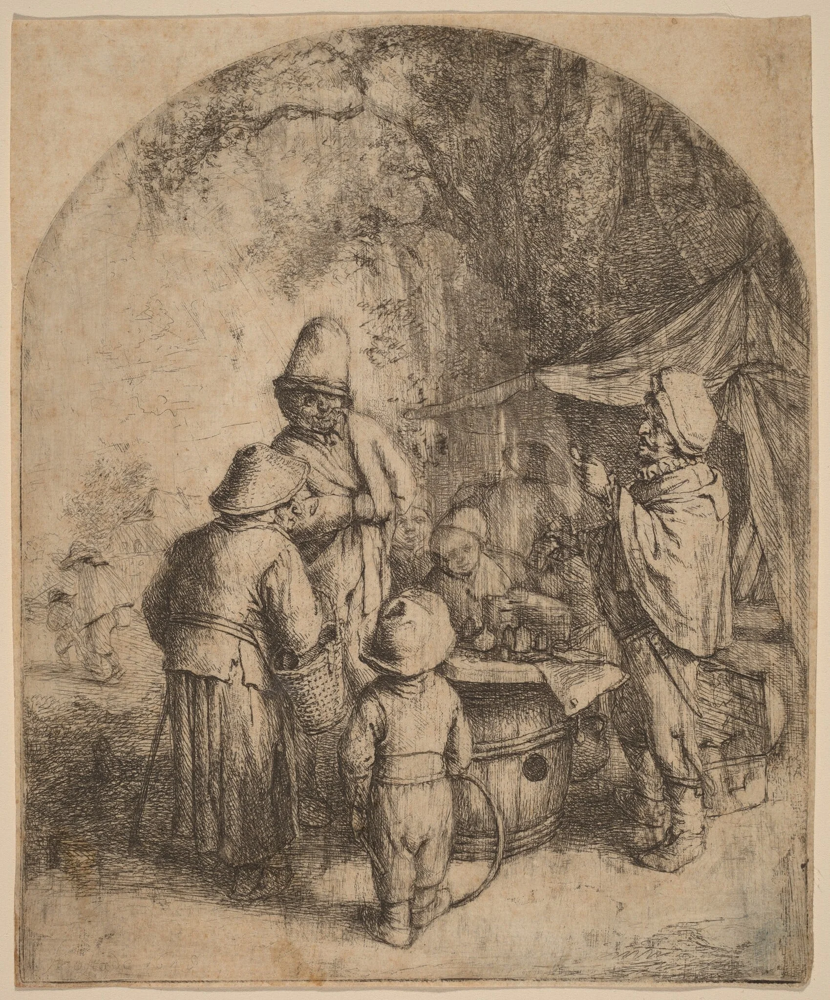 Quack Doctor Presenting his Potions to a Group of Bystanders, by Adriaen van Ostade, ink, 1648