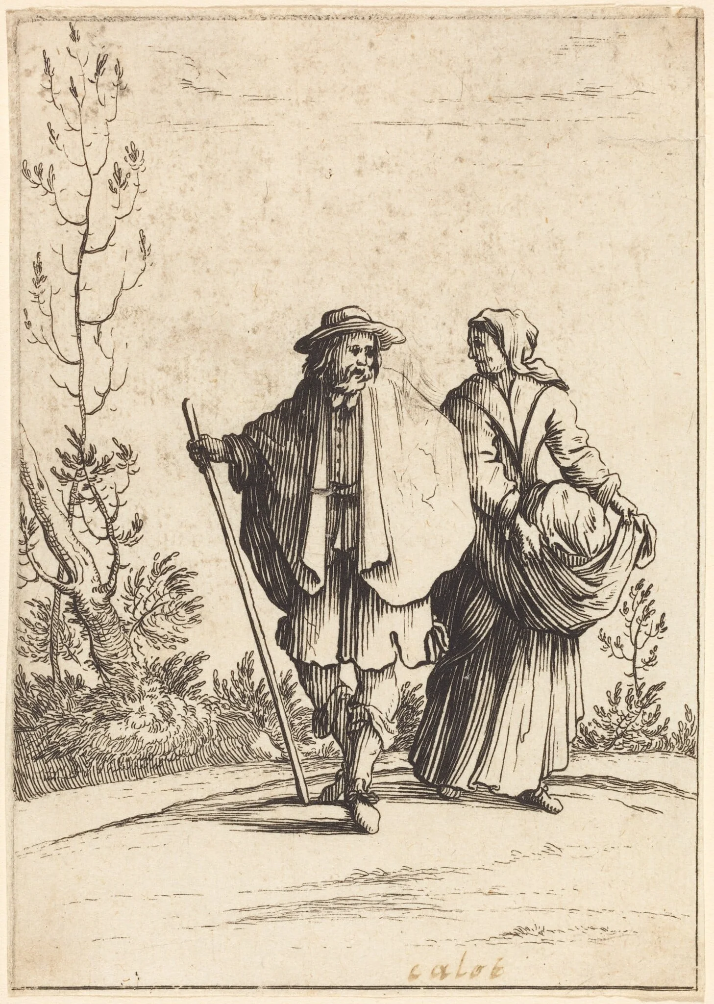 Beggar Couple, with Landscape in Background, by French 17th Century, ink, 1601