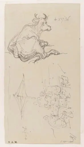 A cow, and a group of figures beneath a parasol