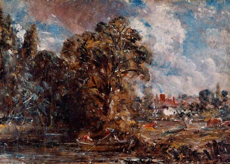 A River Scene with a Farmhouse near the Water's Edge, by John Constable, oil, 1830