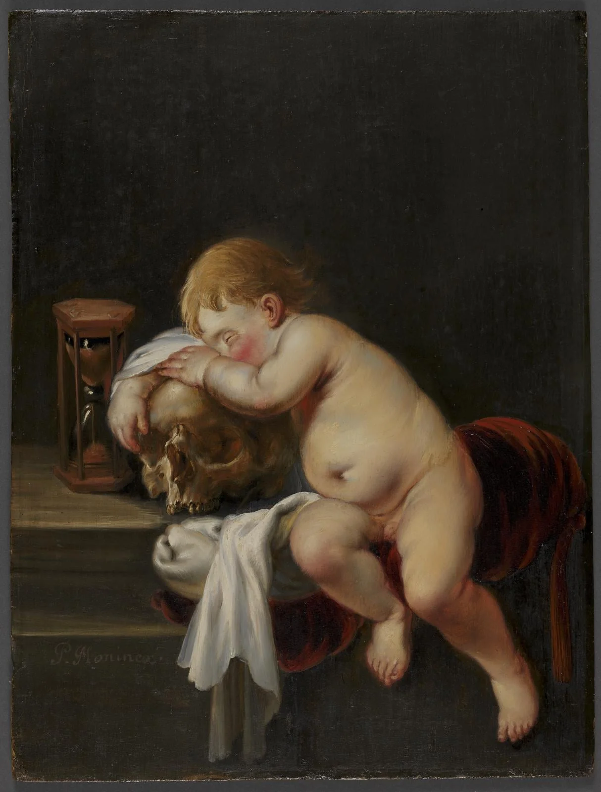 Boy sleeping on a Skull, by Unknown, 1650
