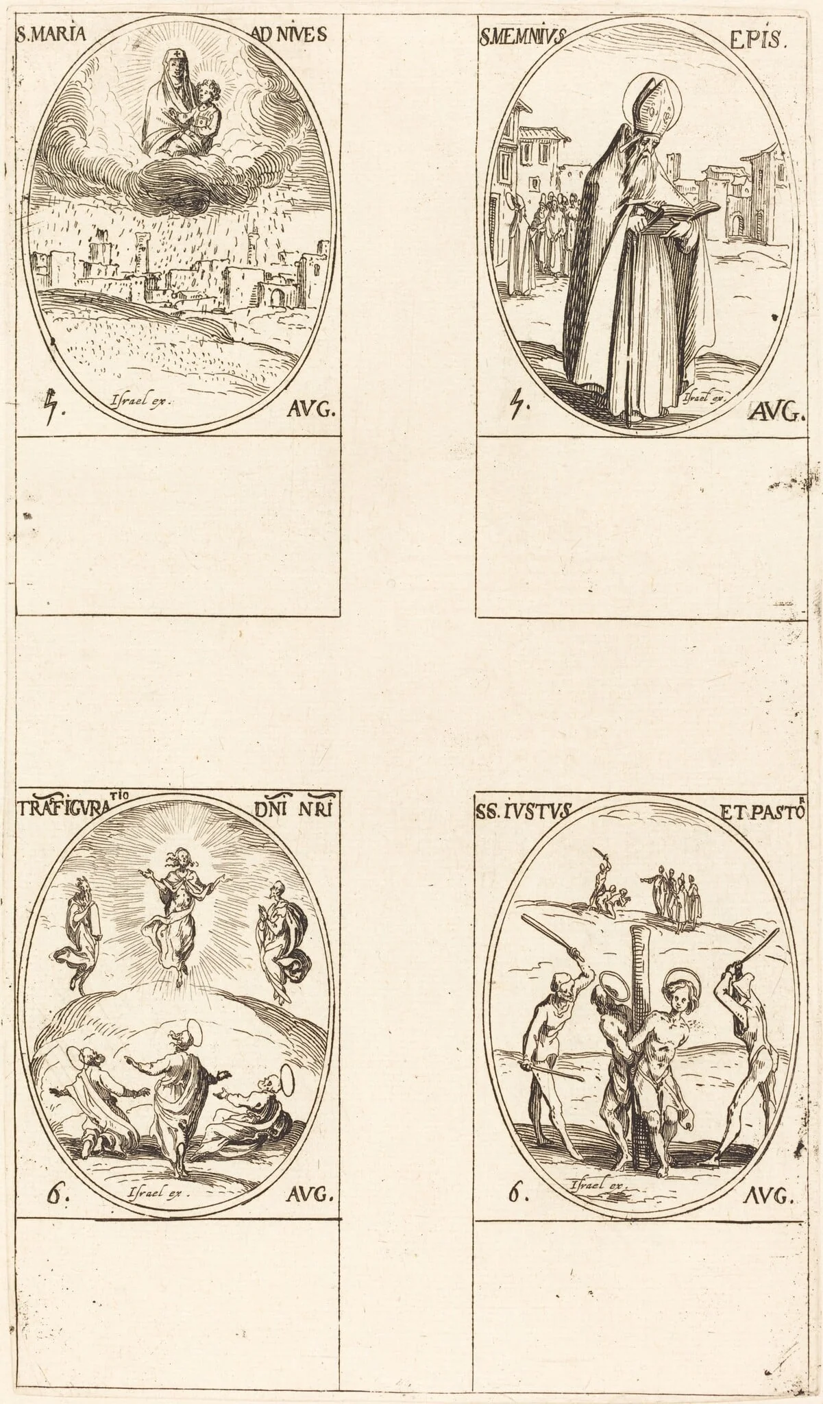 St. Mary of Snow; St. Memmius, Bishop; The Transfiguration; Sts. Justus and Pastor, by Jacques Callot, ink, 1634