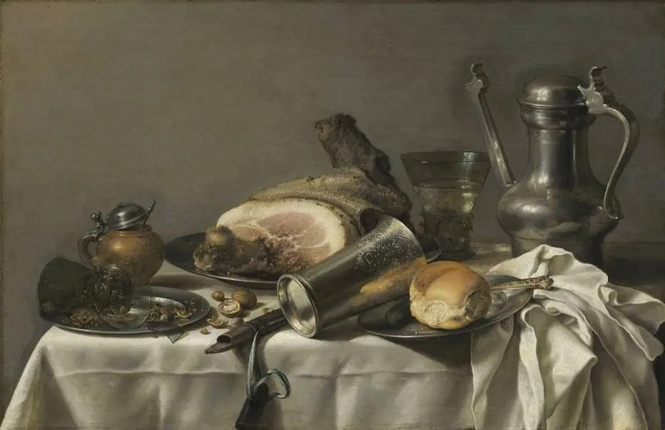 Laid table with Jan Steen pitcher and ham