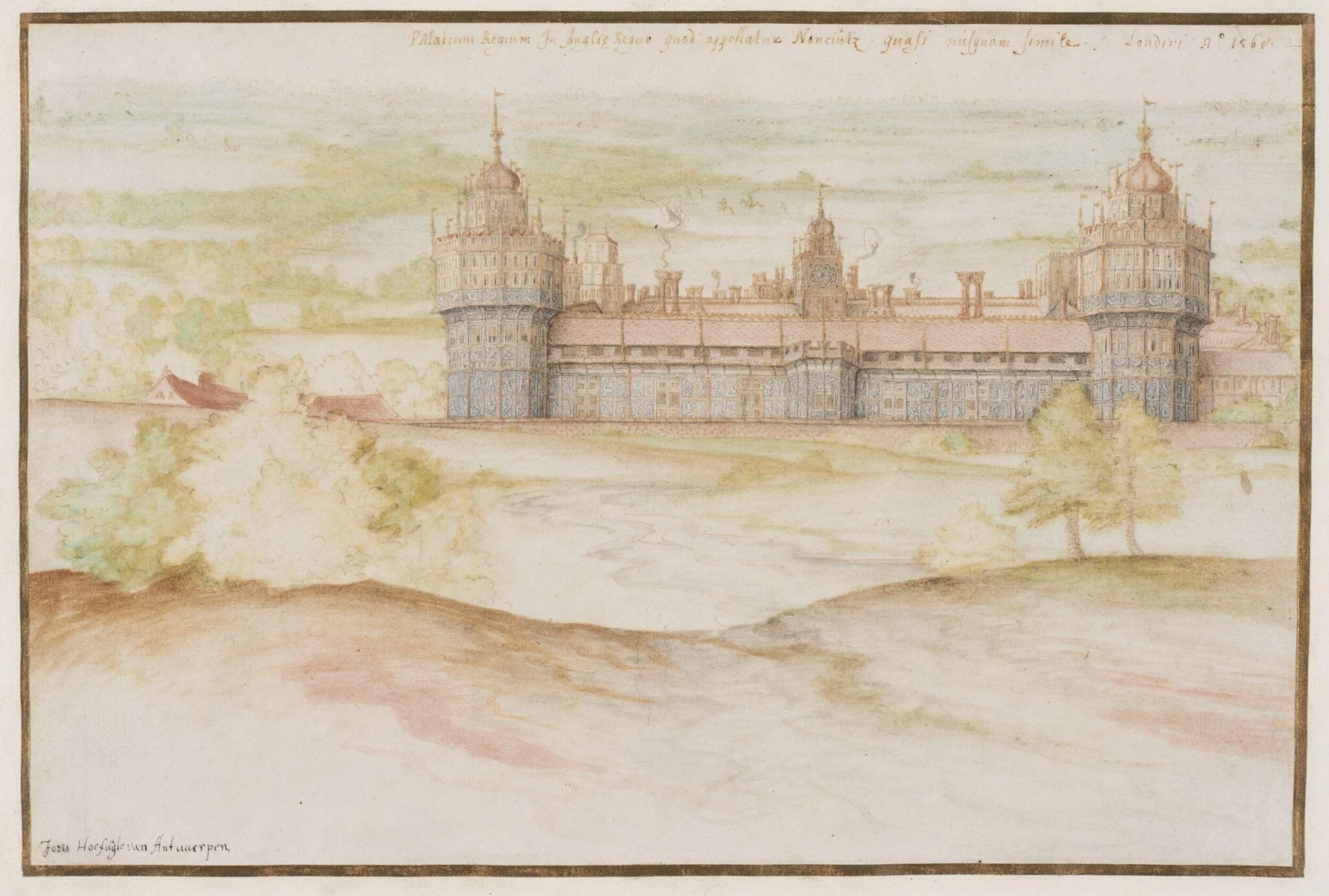 Nonsuch Palace from the South, by Joris Hoefnagel, watercolor, 1568