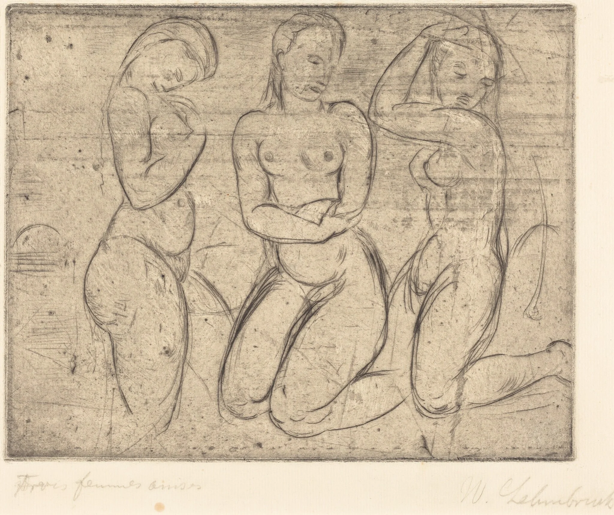 Three Kneeling Women (Drei Frauen knied), by Wilhelm Lehmbruck, ink, 1913
