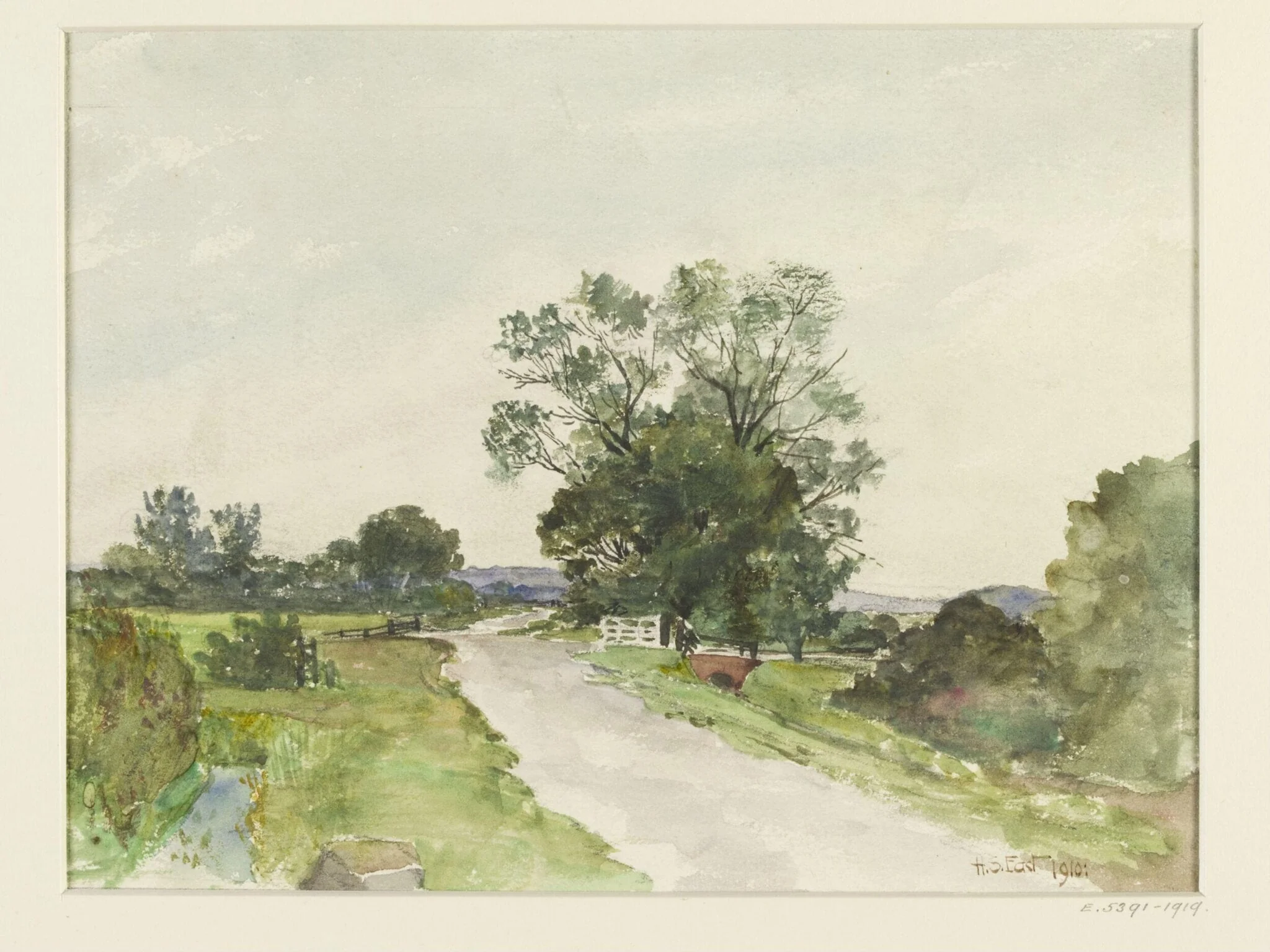 Landscape with road in flat country, by Hubert Springford A.R.I.B.A. East, 1910