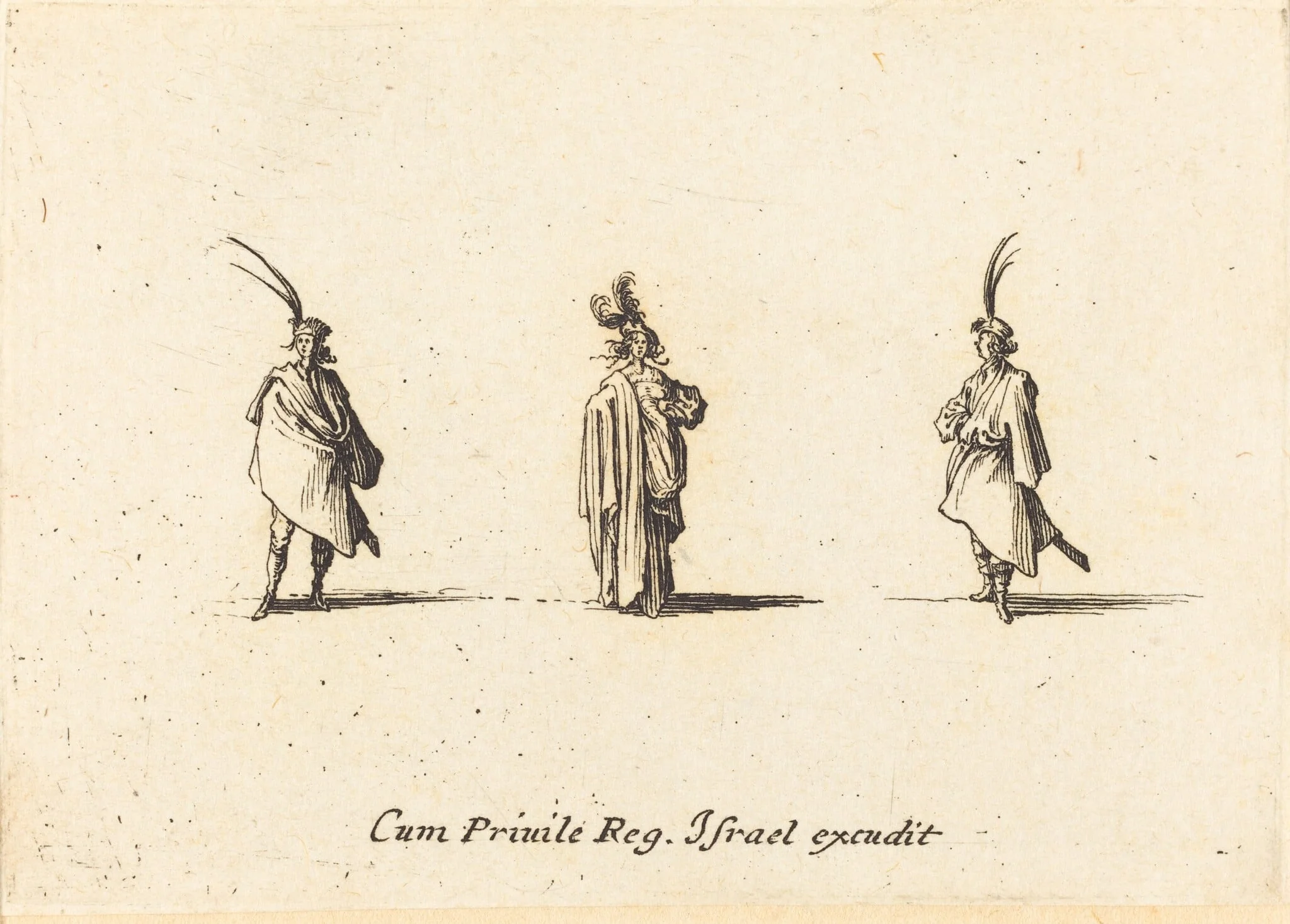 Lady in Long Cloak, and Two Gentlemen, by Jacques Callot, ink, 1634