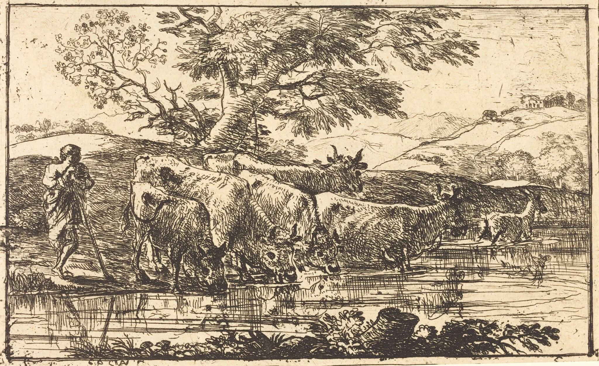The Herd at the Watering Place (Le troupeau à l'abreuvoir), by Claude Lorrain, ink, 1635