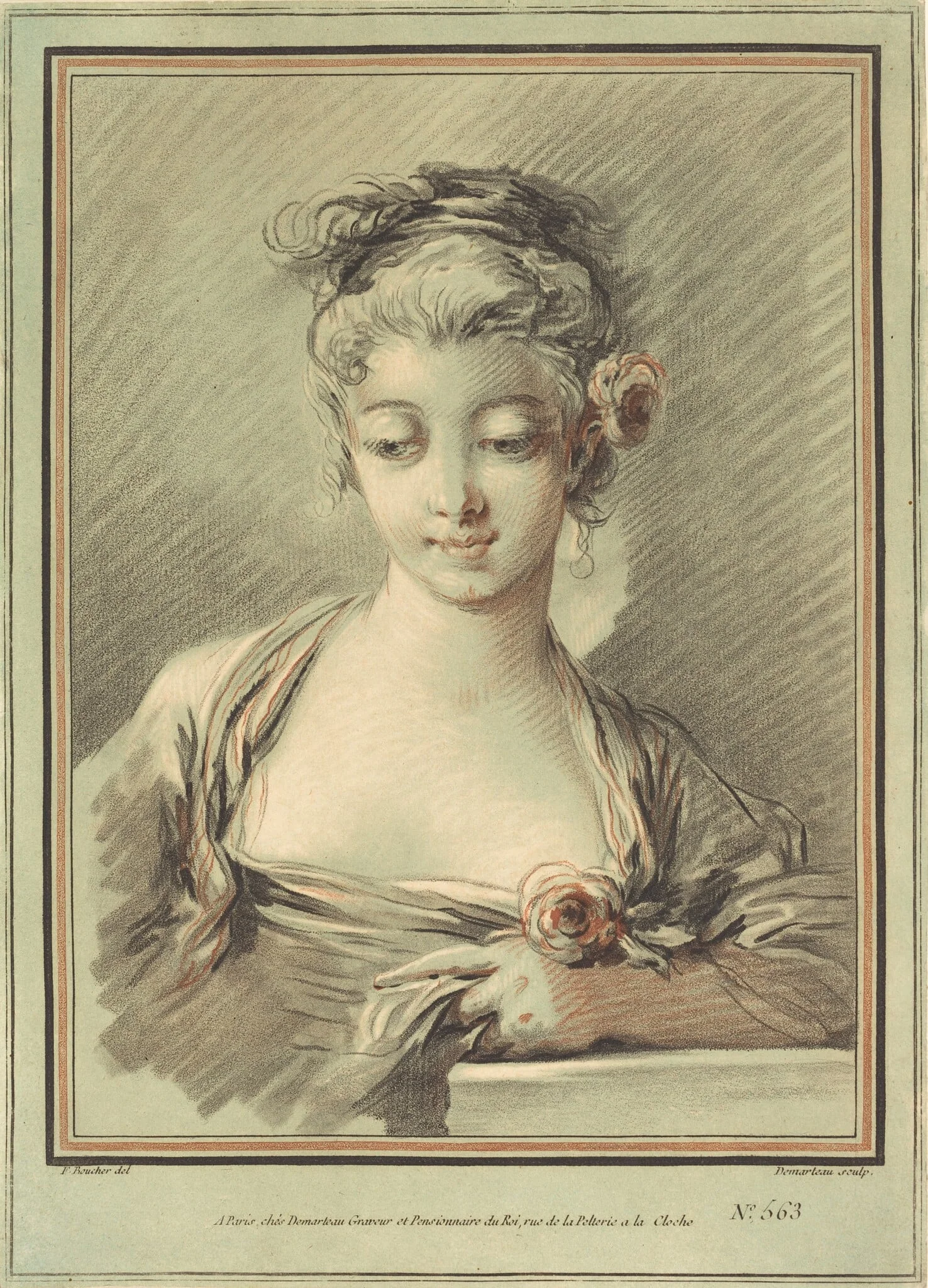 Young Woman with a Rose, by Gilles Demarteau the Elder, chalk, 1776