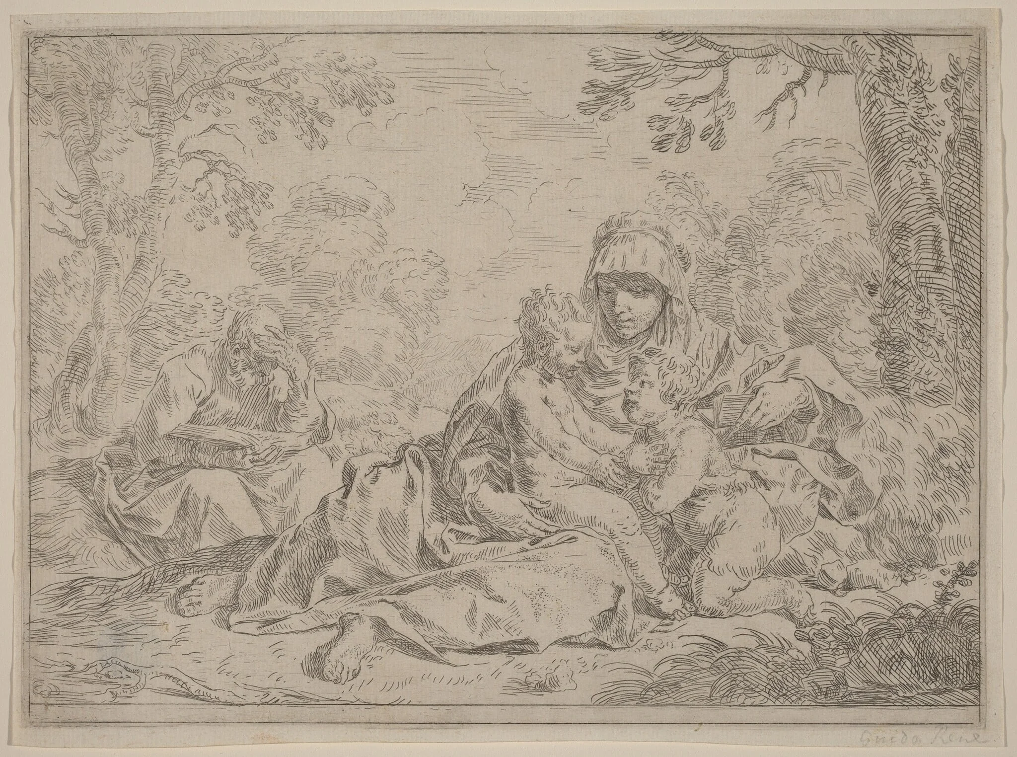 The Holy Family, by Simone Cantarini, ink, 1630