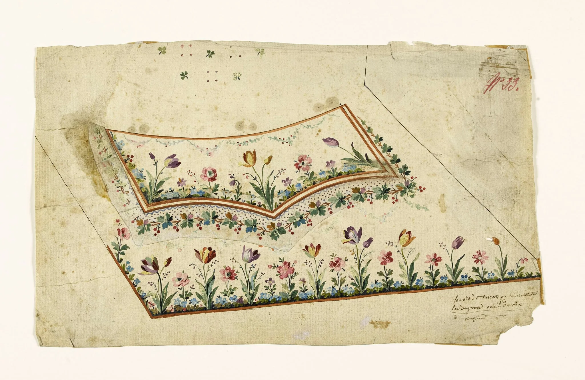 Série de tulipes et guirlandes de feuilles et de baies rouges, projets de broderies de gilet, XVIIIème siècle, by Anonyme, 1750