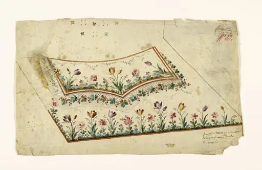 Série de tulipes et guirlandes de feuilles et de baies rouges, projets de broderies de gilet, XVIIIème siècle