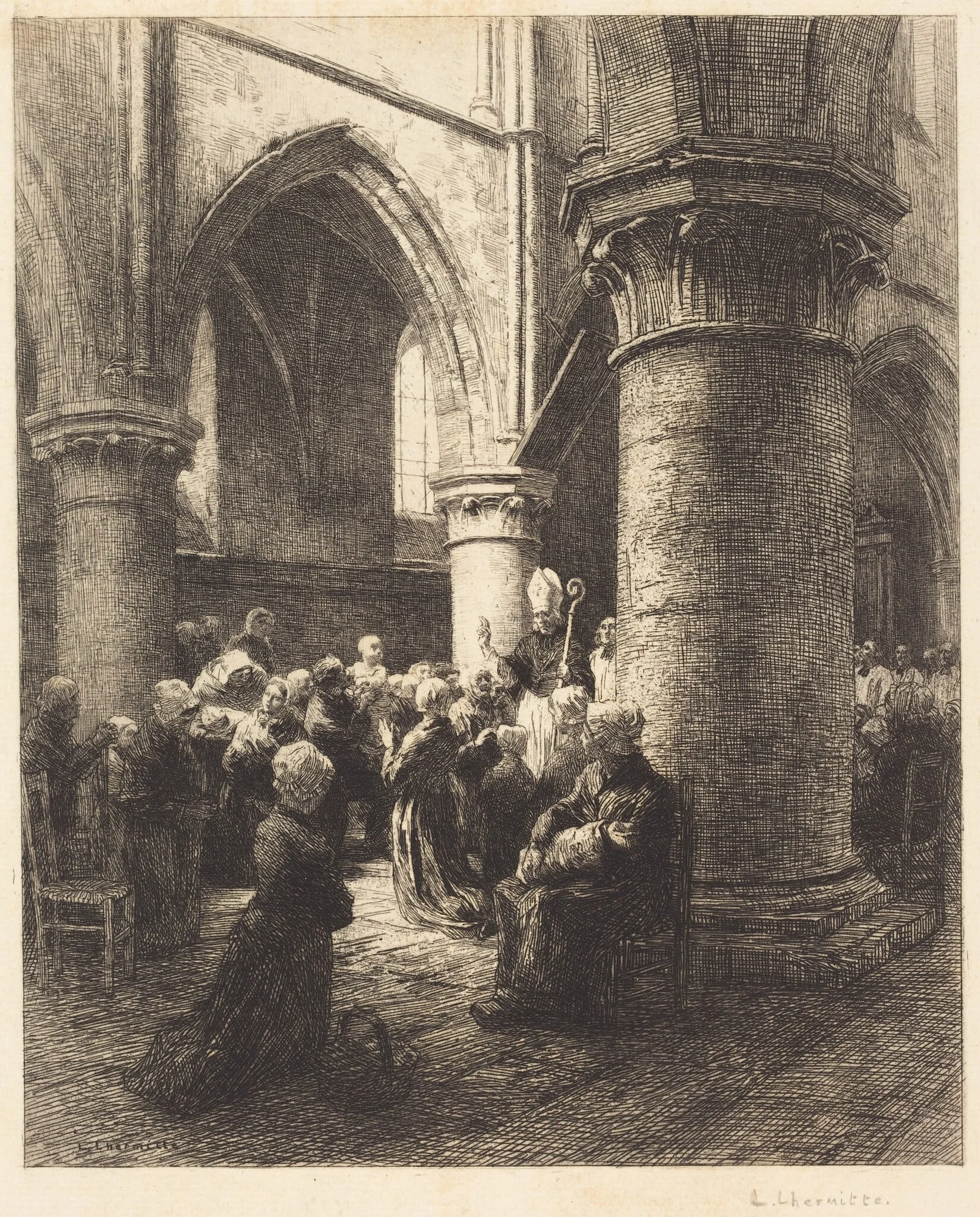An Episcopal Visitation, by Léon Augustin Lhermitte, ink, 1881