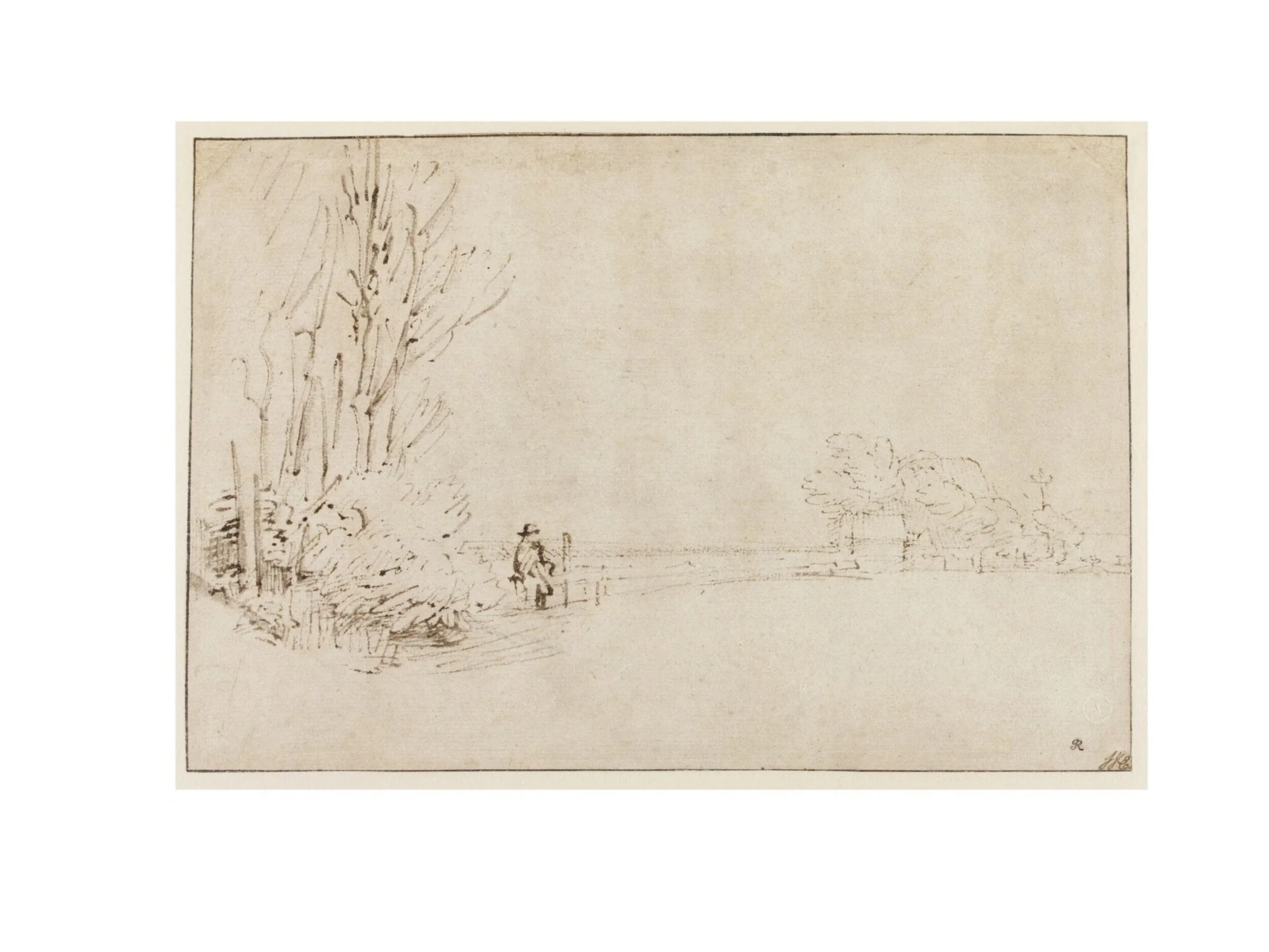 View Looking South Along the Amsteldijk, with a Man Sitting on a Sluice Gate Near a Farmstead, by Rembrandt, 1653