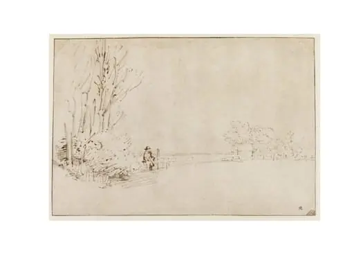 View Looking South Along the Amsteldijk, with a Man Sitting on a Sluice Gate Near a Farmstead