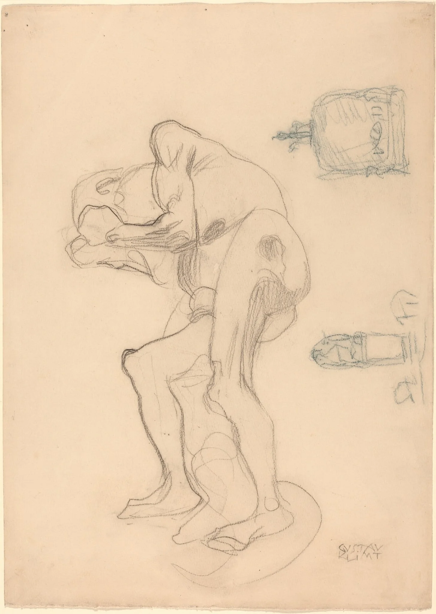 Study of a Nude Old Woman Clenching Her Fists, and Two Decorative Objects, by Gustav Klimt, crayon, 1901