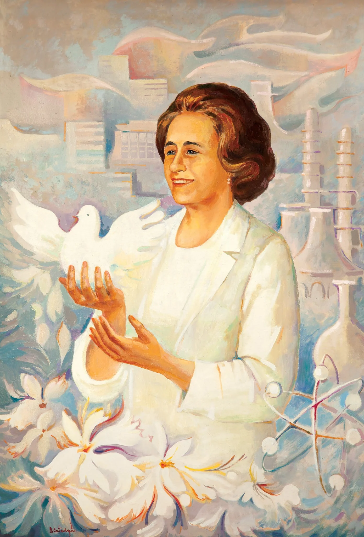 Tablou, ulei pe pânză, „Elena Ceaușescu”, semnat Doina Catargiu în partea stângă jos, nedatat. Elena Ceaușescu este reprezentată în centrul tabloului ținând în mâini un porumbel alb - simbolul păcii - cu aripile desfăcute; pe fundal un combinat petrochimic; în partea de jos a tabloului sunt reprezentate flori mari albe. În stânga jos o reprezentare a atomului. Comandat și oferit de Comitetul Județean de Partid Suceava (1985).