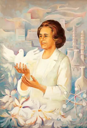 Tablou, ulei pe pânză, „Elena Ceaușescu”, semnat Doina Catargiu în partea stângă jos, nedatat. Elena Ceaușescu este reprezentată în centrul tabloului ținând în mâini un porumbel alb - simbolul păcii - cu aripile desfăcute; pe fundal un combinat petrochimic; în partea de jos a tabloului sunt reprezentate flori mari albe. În stânga jos o reprezentare a atomului. Comandat și oferit de Comitetul Județean de Partid Suceava (1985).