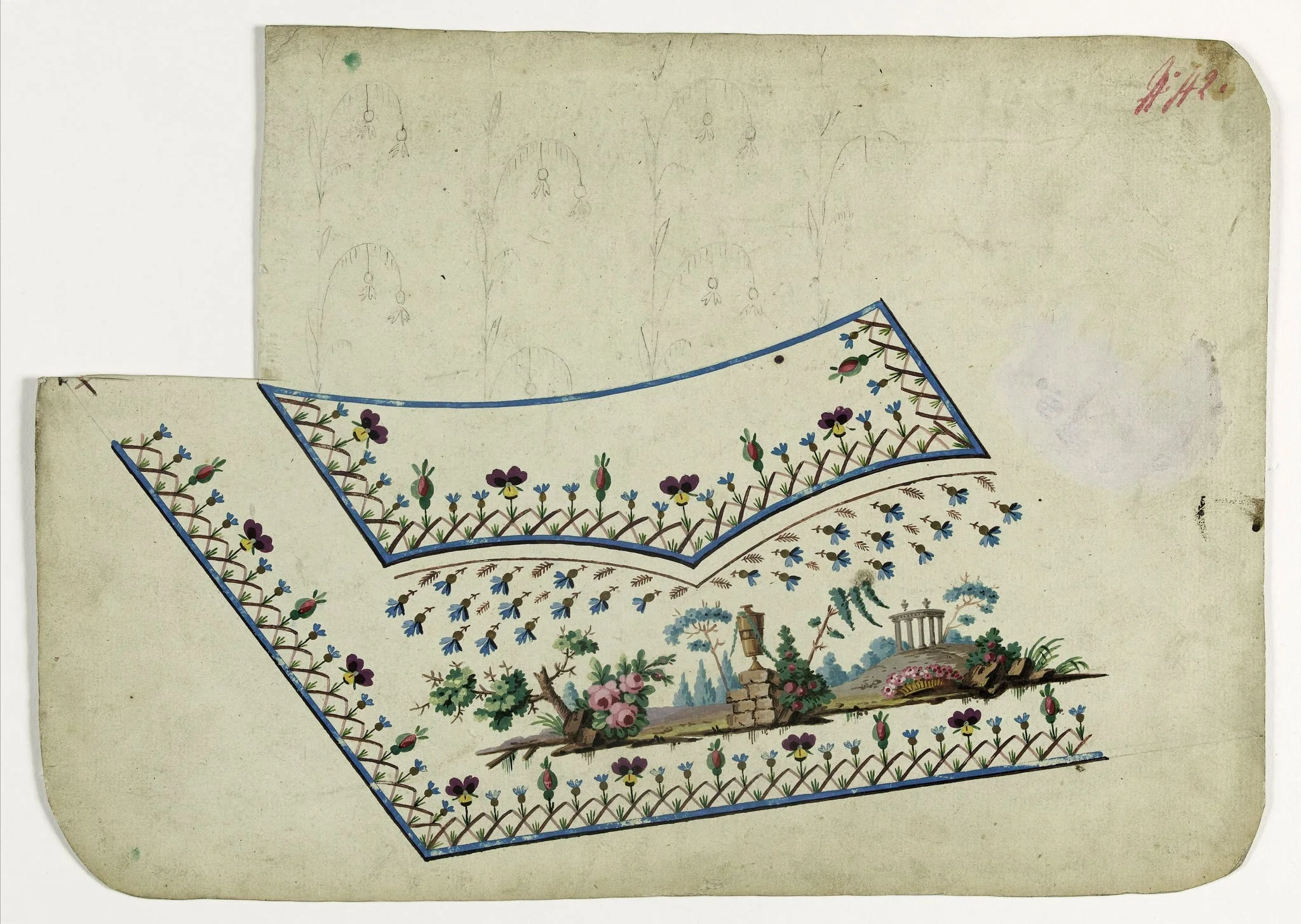 Paysage avec urne et ruine antique, projets de broderies de gilet, XVIIIème siècle, by Anonyme, 1750