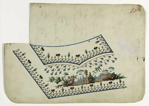 Paysage avec urne et ruine antique, projets de broderies de gilet, XVIIIème siècle