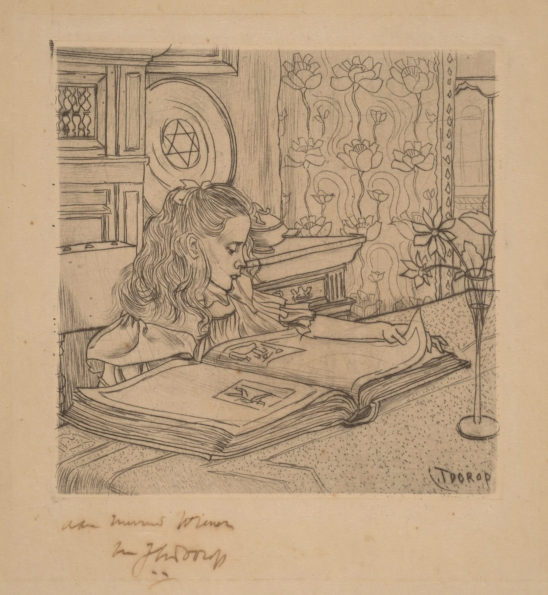 Charley Looking at an Album of Prints, by Jan Toorop, ink, 1898
