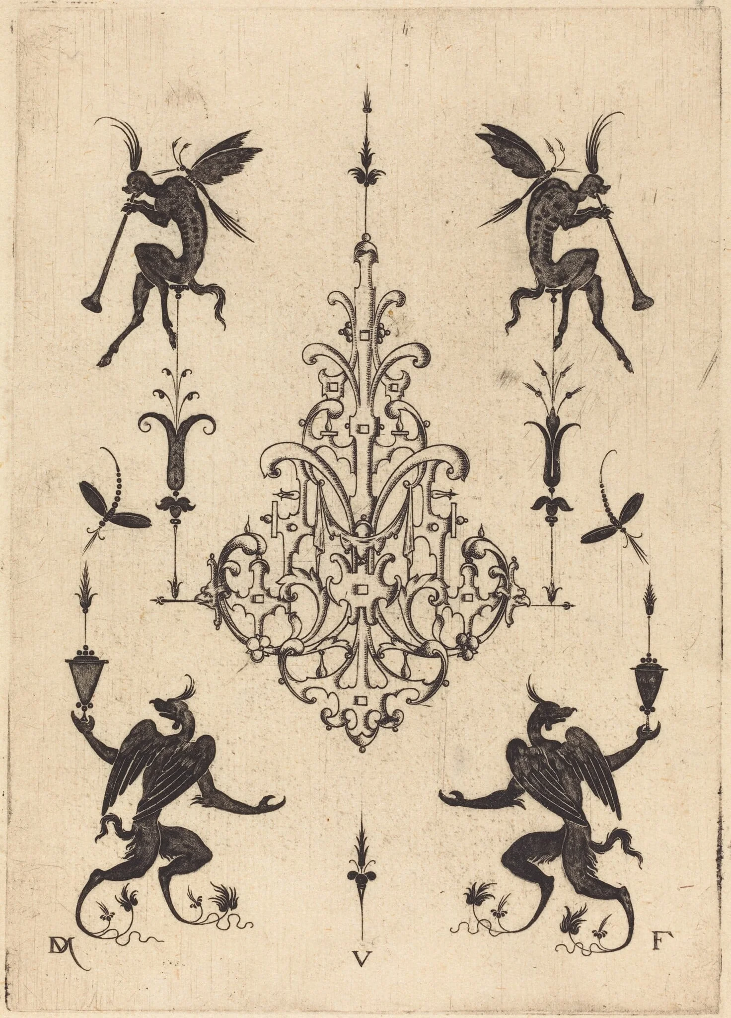 Brooch with Fantasy Creatures Blowing Horns at Top and Winged Griffins at Bottom, by Daniel Mignot, ink, 1596
