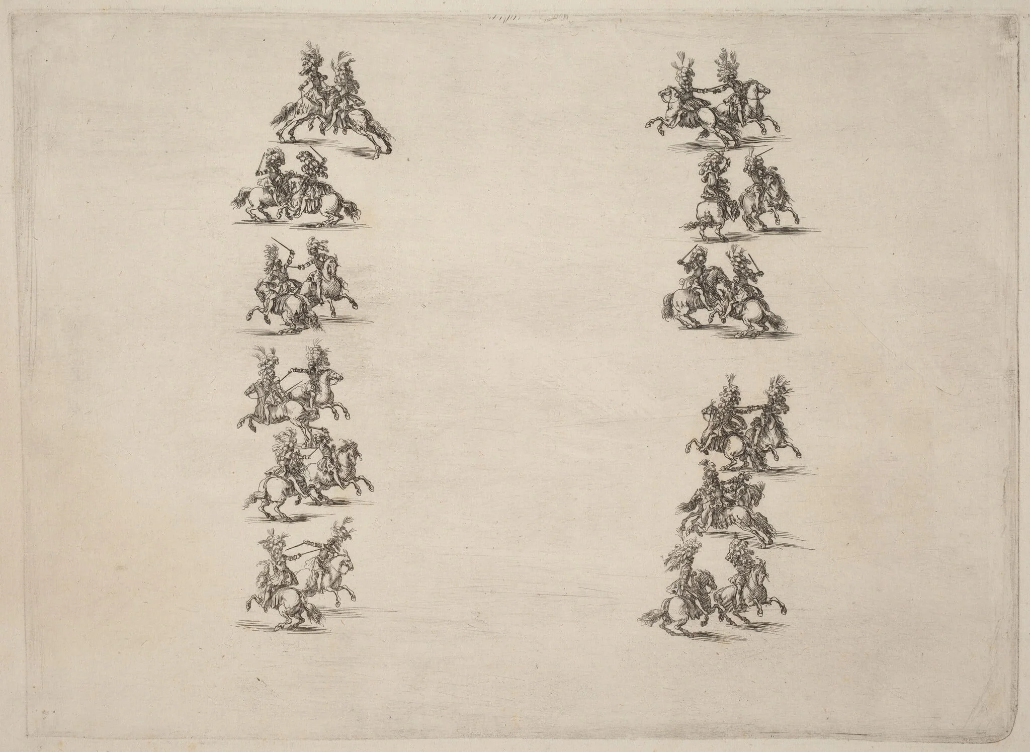 Cavaliers Fighting in Two Columns, by Stefano Della Bella, ink, 1652