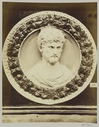 Circular bas-relief white portrait bust on blue ground surrounded by a garland of foliage and fruit in enamelled terra cotta