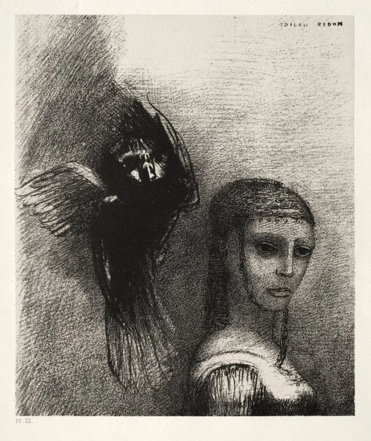 And a Large Bird, Descending from the Sky, Hurls Itself against the Topmost Point of Her Hair, by Odilon Redon, 1888