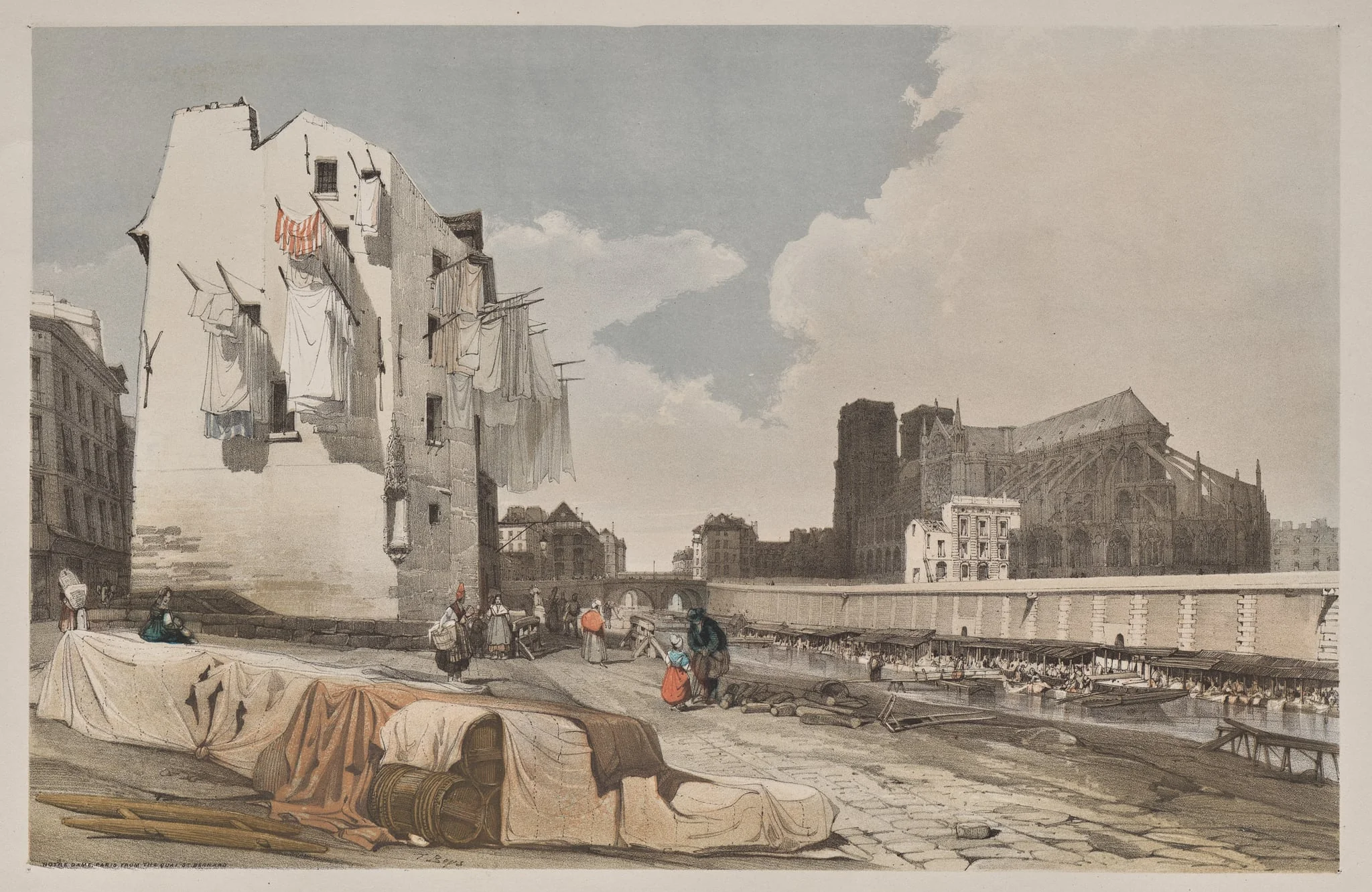 Picturesque Architecture in Paris, Ghent, Antwerp, Rouen:  Nôtre Dame, Paris, from the Quai St. Bernard, by Thomas Shotter Boys, 1839