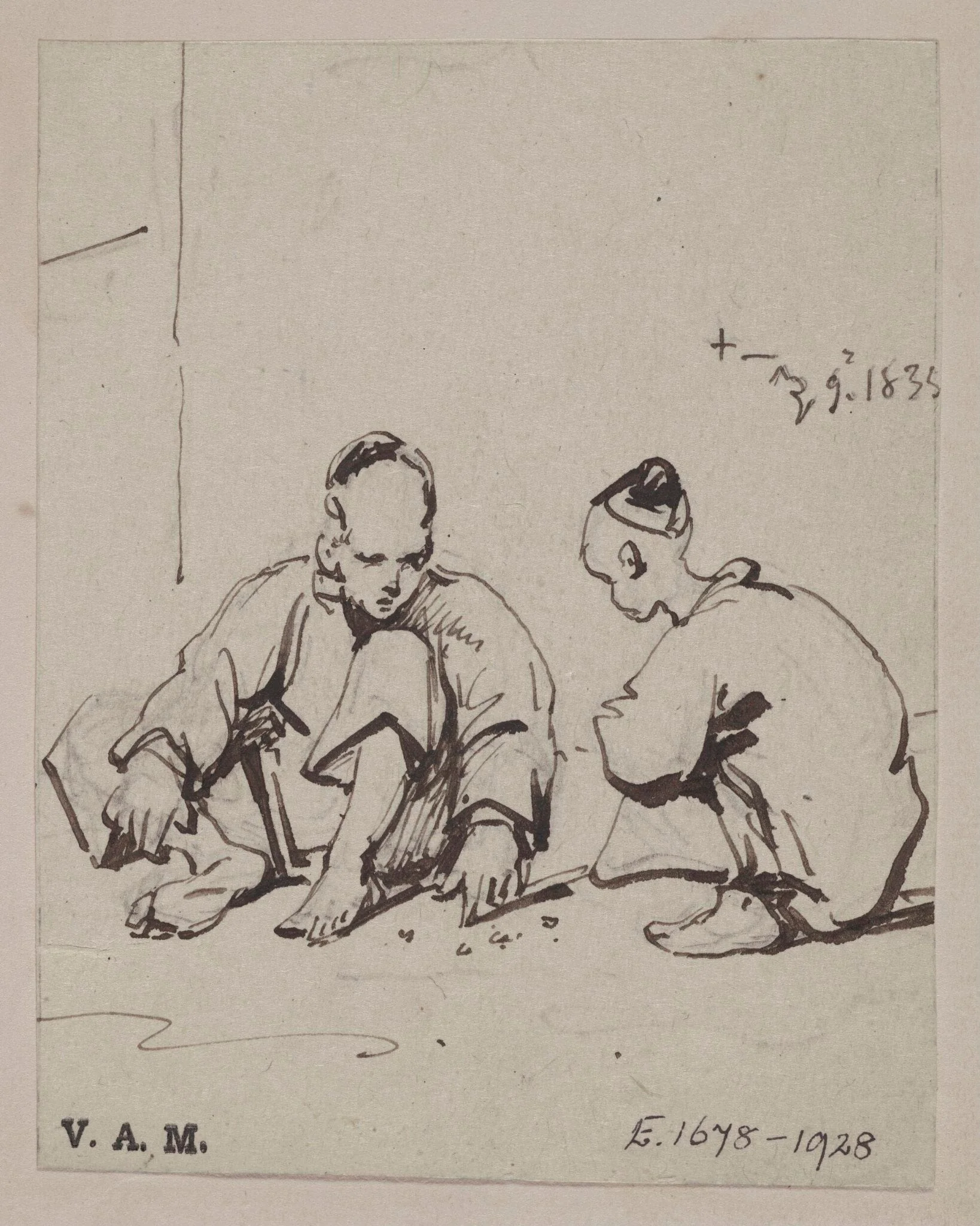 Two Chinese figures playing with pebbles on the ground, by George Chinnery, 10