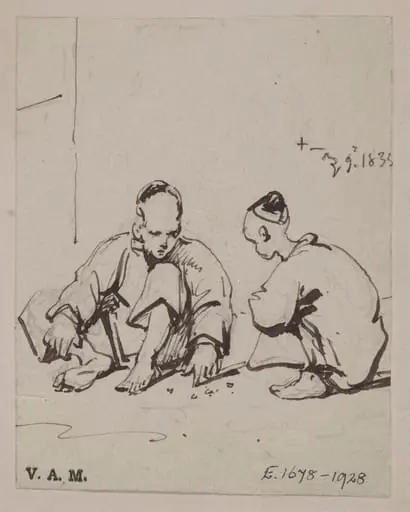 Two Chinese figures playing with pebbles on the ground